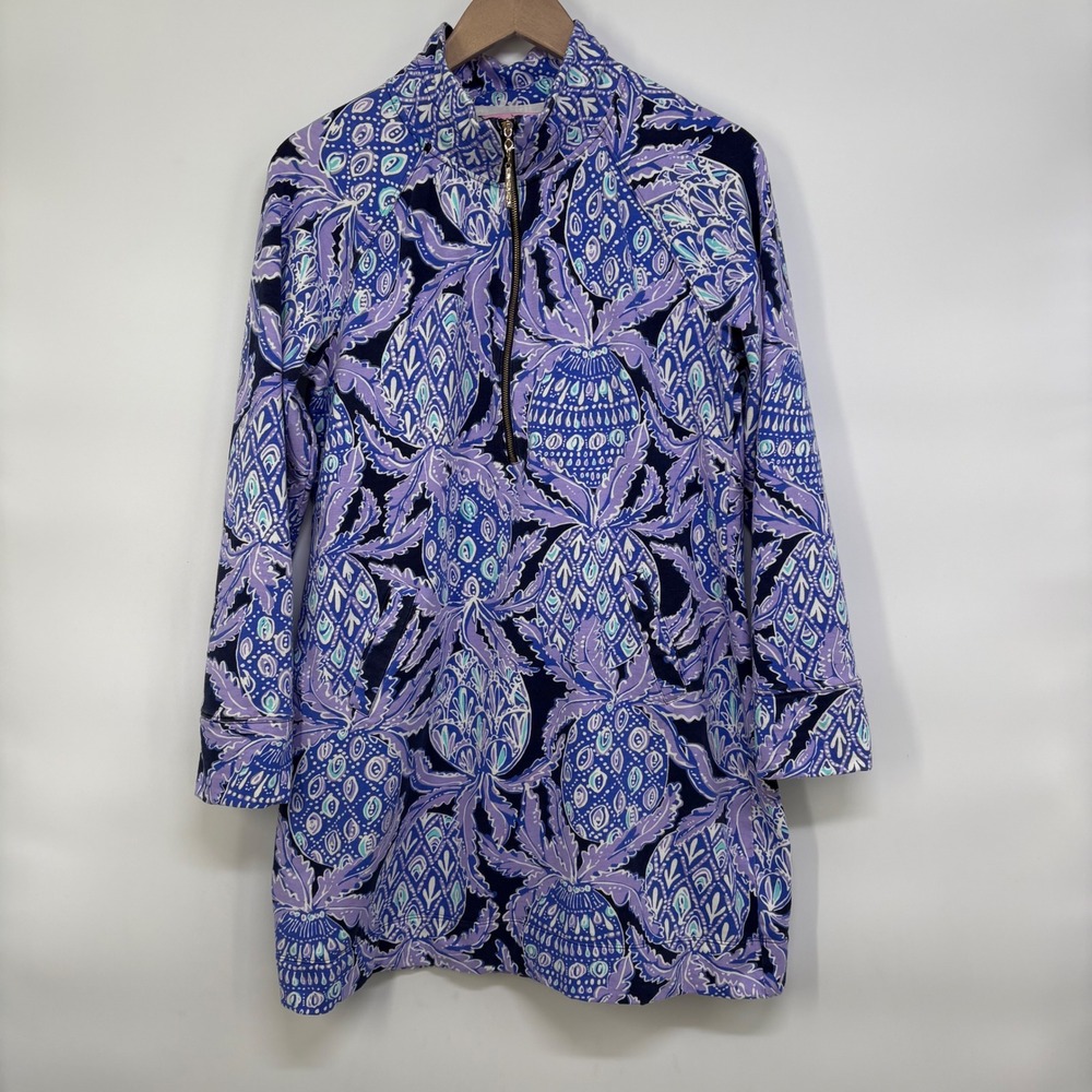 Lilly Pulitzer Skipper Popover Dress Purple Pineapple Paisley UPF 50+ L Resort